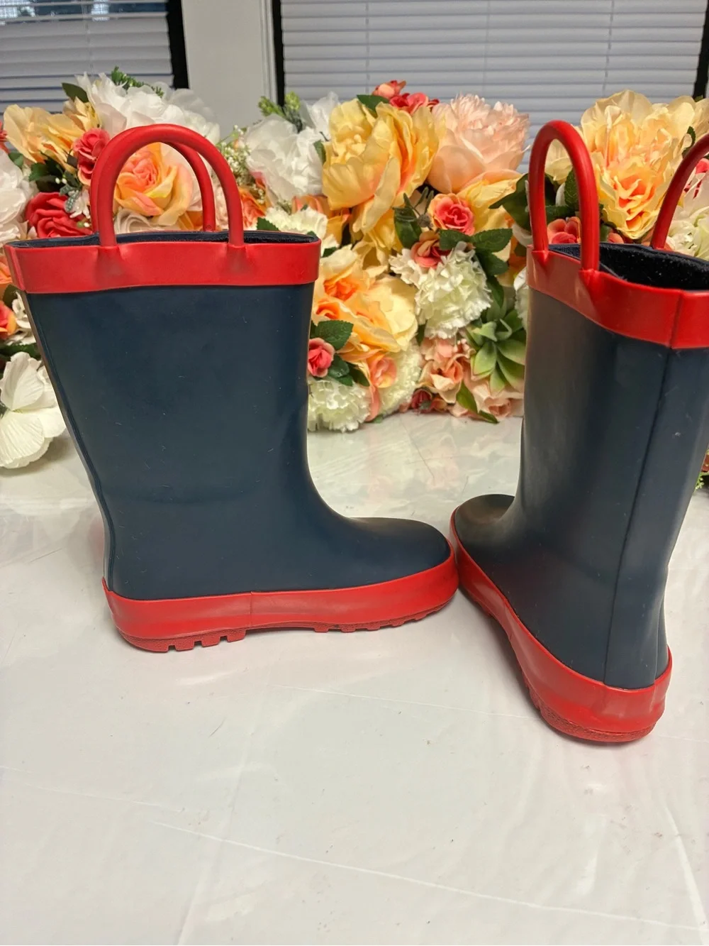Kids Rain Boots Navy Red Pull Handles Size 7 Mid Calf Round Toe